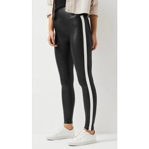 NEW Spanx Faux Leather Striped Leggings Size Small Black Ankle Power Waistband